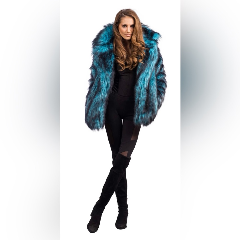 FURROCIOUS FURR Luxury Faux Fur Coat Teal Wolf